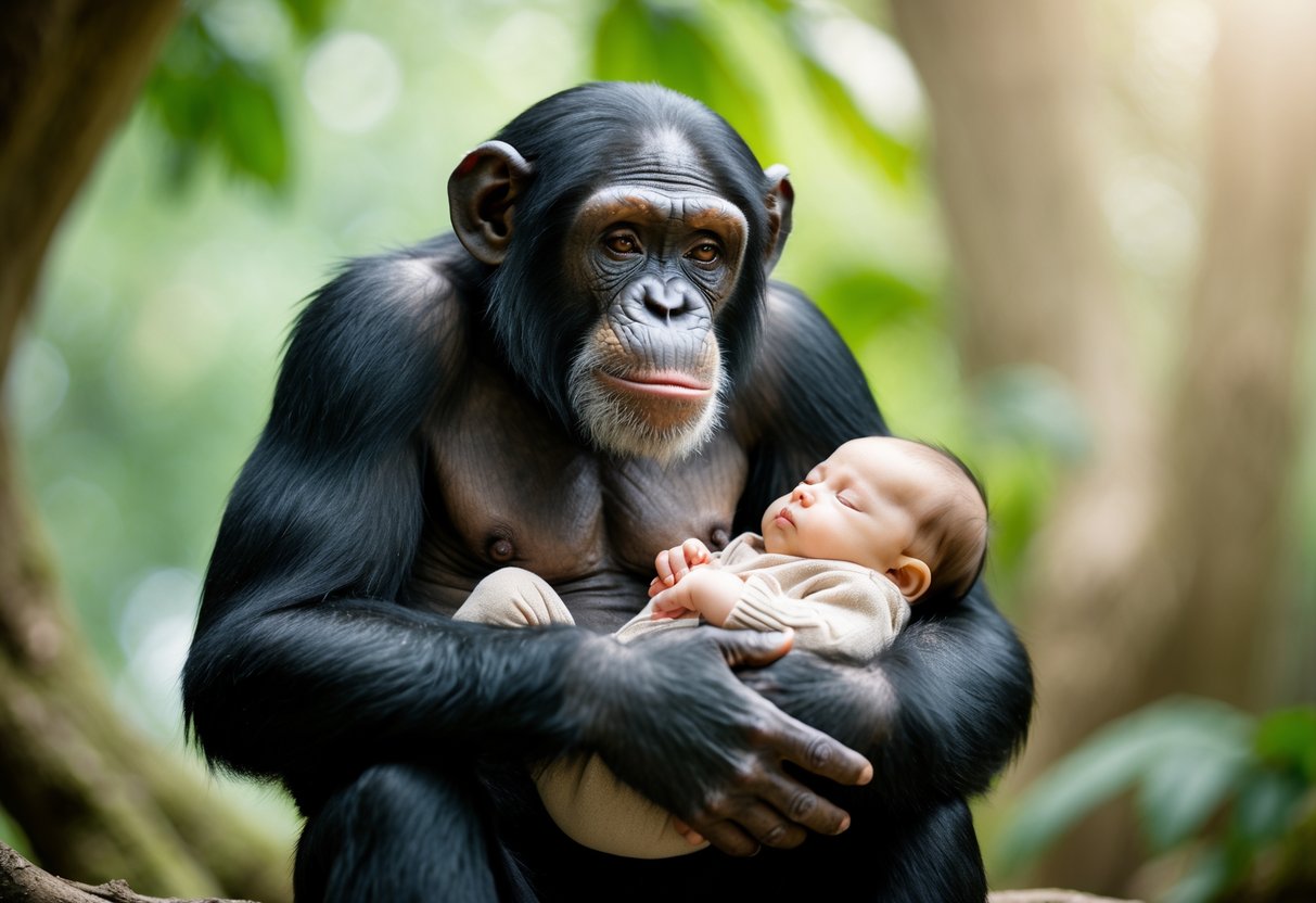 A chimpanzee gently holding a human baby in a natural setting, showing a calm and protective interaction.
