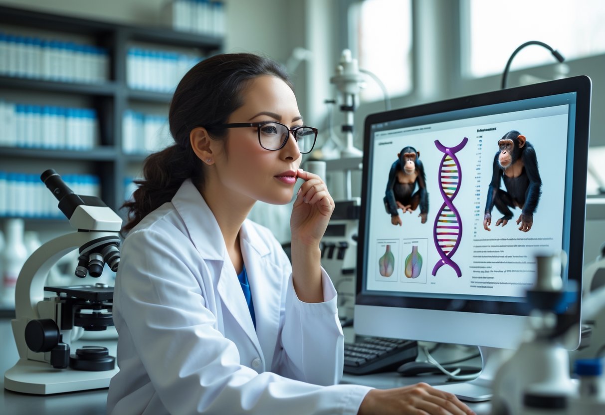 A female scientist in a lab coat studies DNA models and chimpanzee anatomy charts in a laboratory.