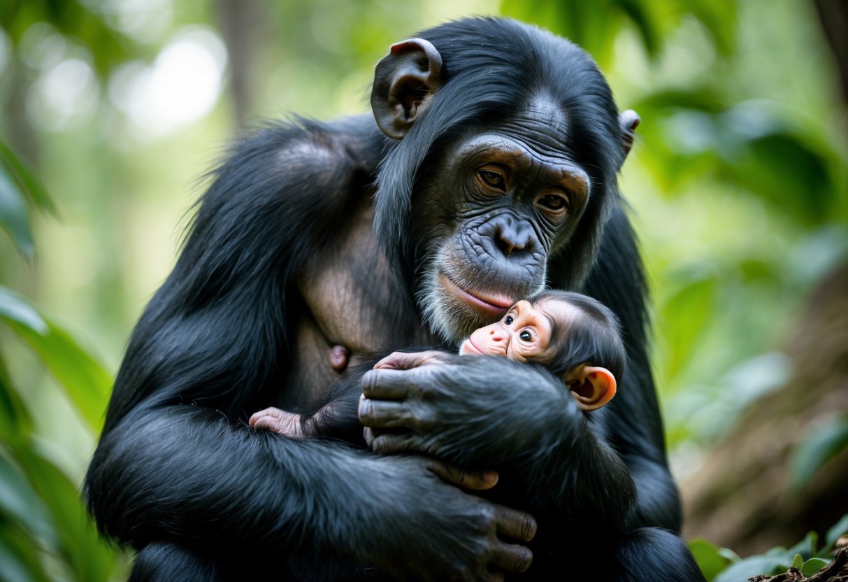 A chimpanzee mother holding her newborn baby chimpanzee in a forest setting.