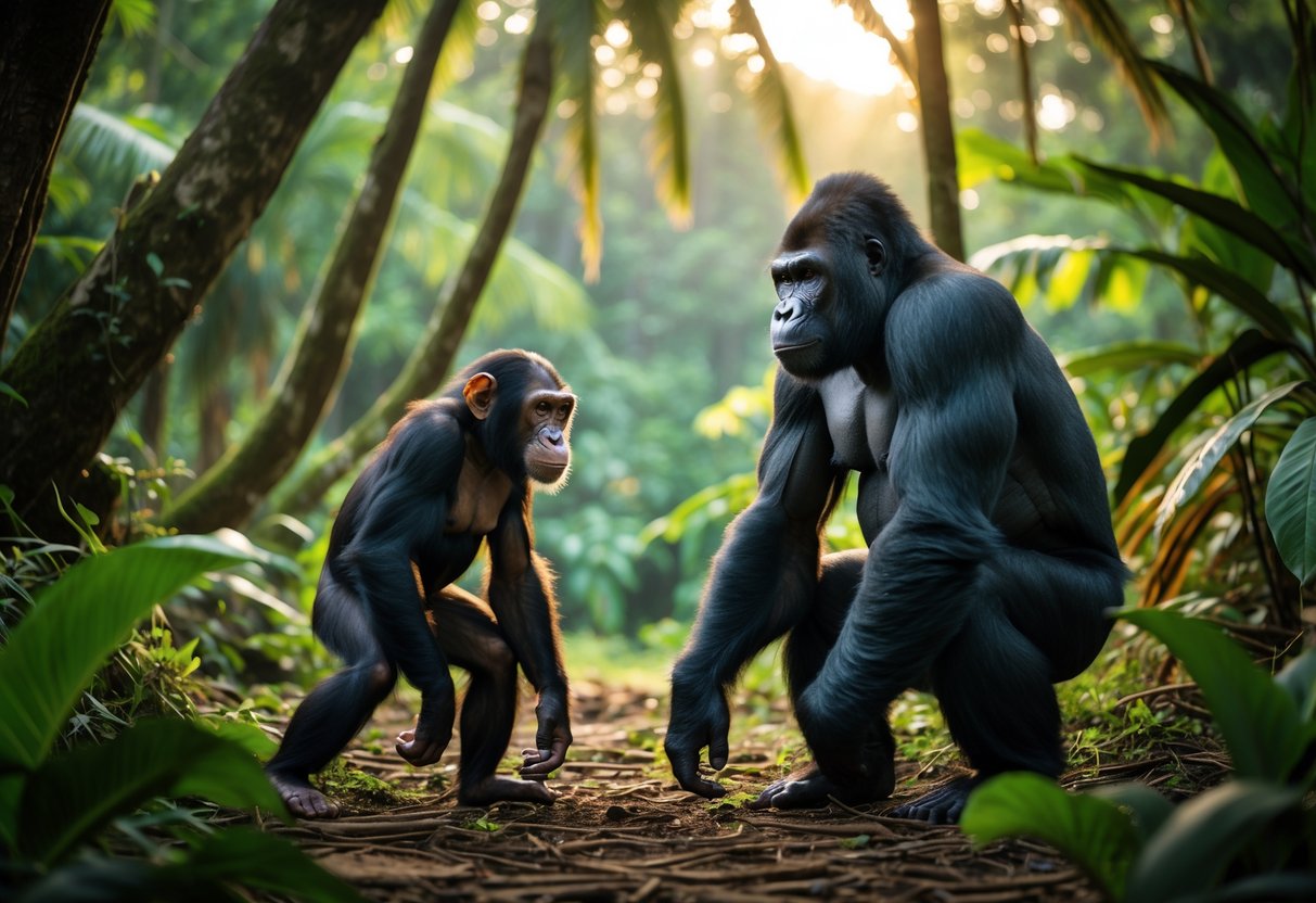 A chimpanzee and a gorilla facing each other in a jungle clearing surrounded by dense green foliage.