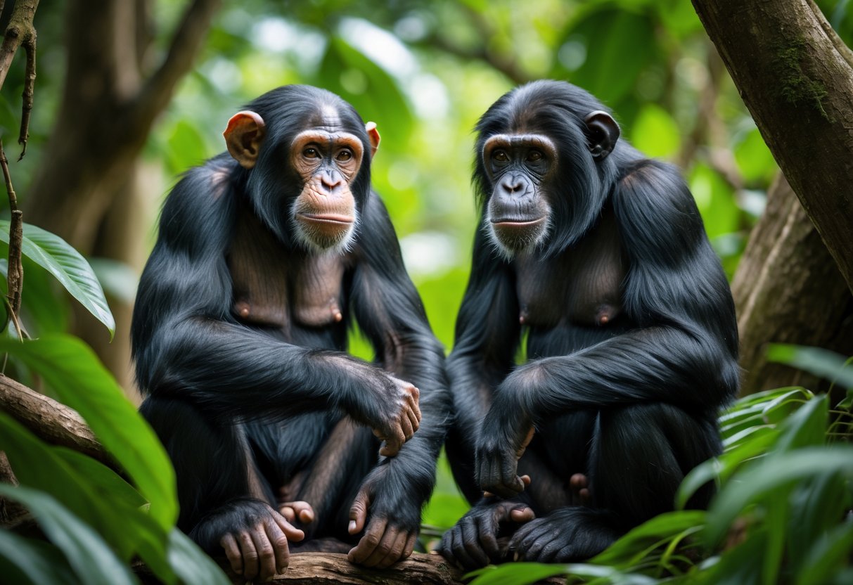 A chimpanzee and a bonobo sitting close together in a green jungle setting.