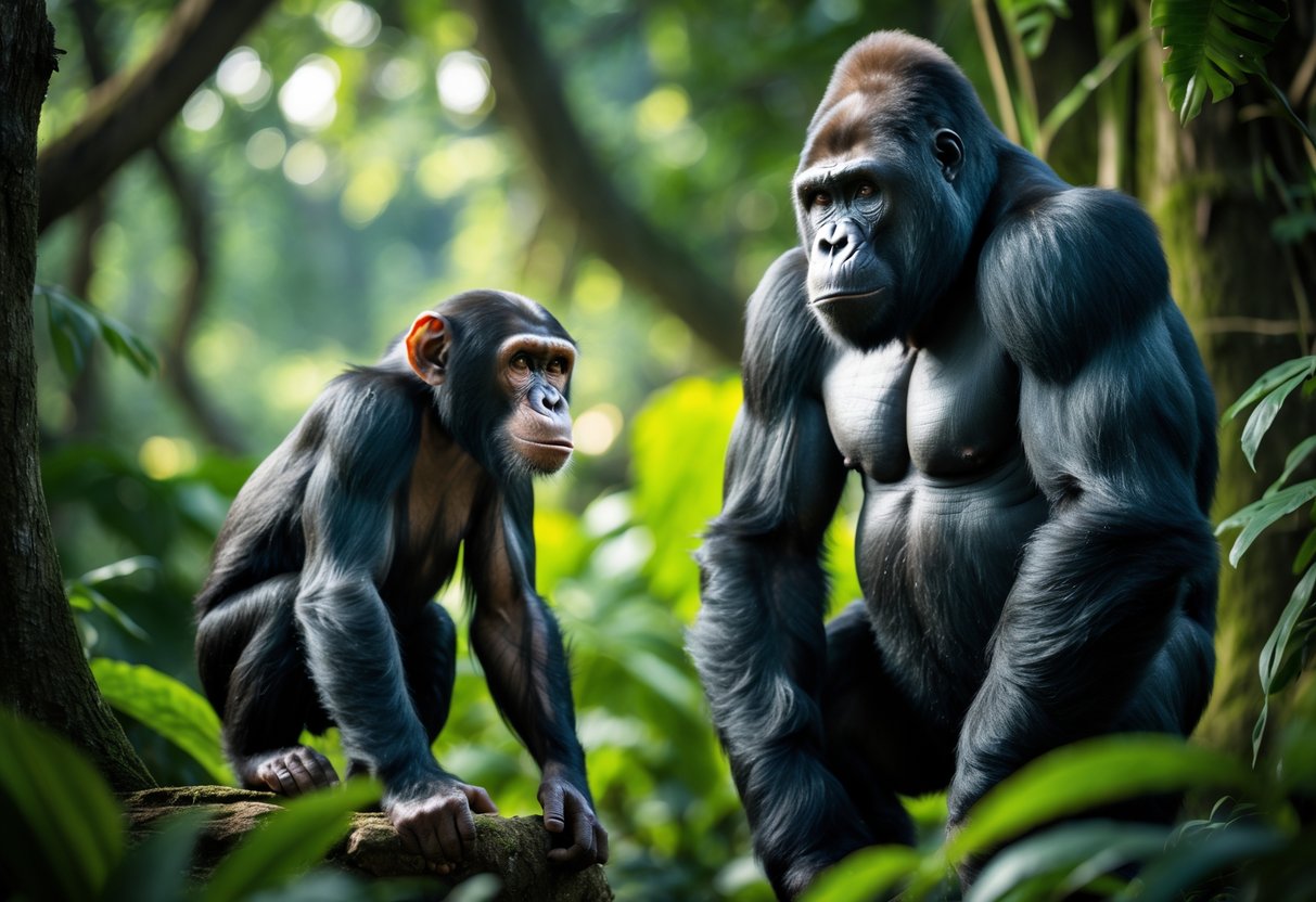 A chimpanzee and a gorilla facing each other in a dense jungle surrounded by green trees and plants.