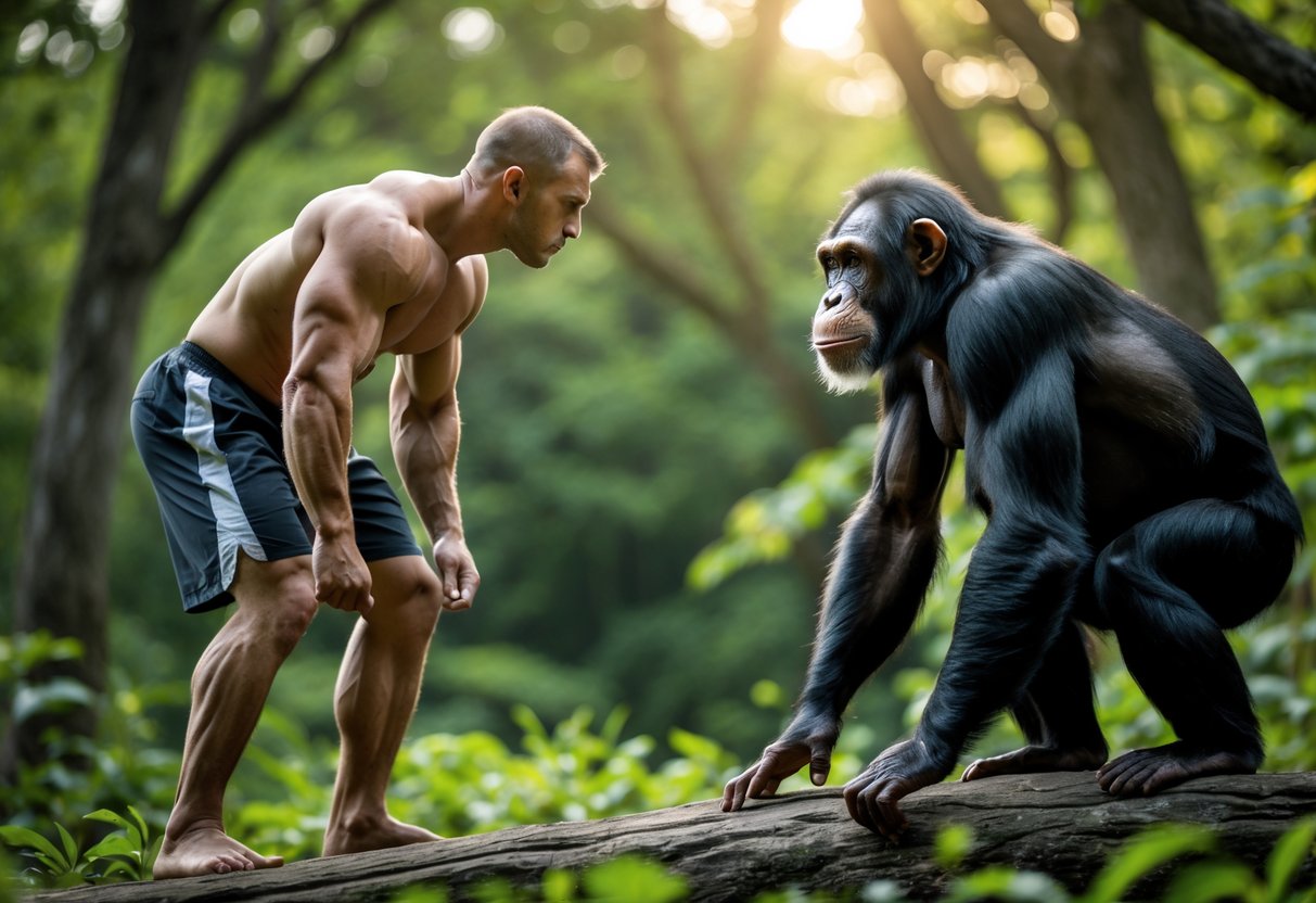 A muscular man and a chimpanzee face each other in a forest, both appearing strong and alert.