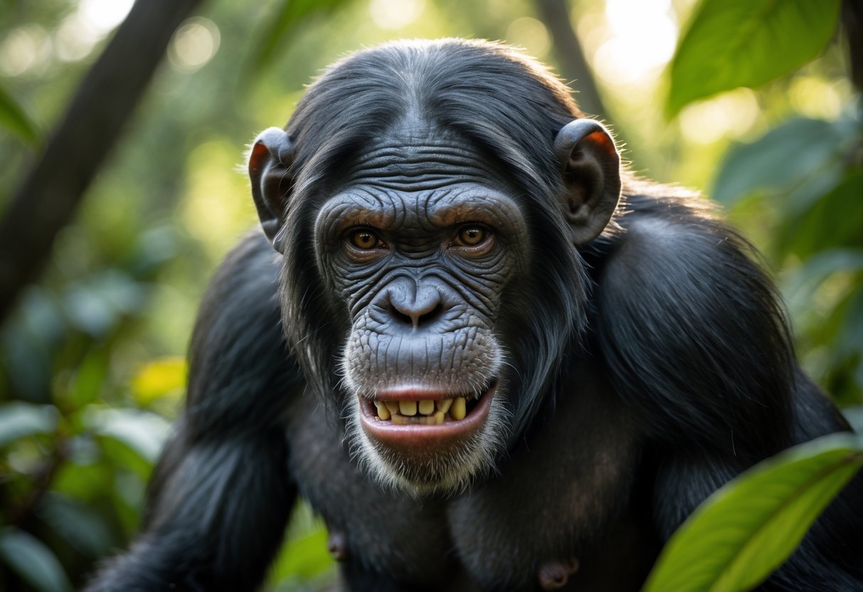 Close-up of a chimpanzee showing an intense and aggressive expression in a green jungle setting.