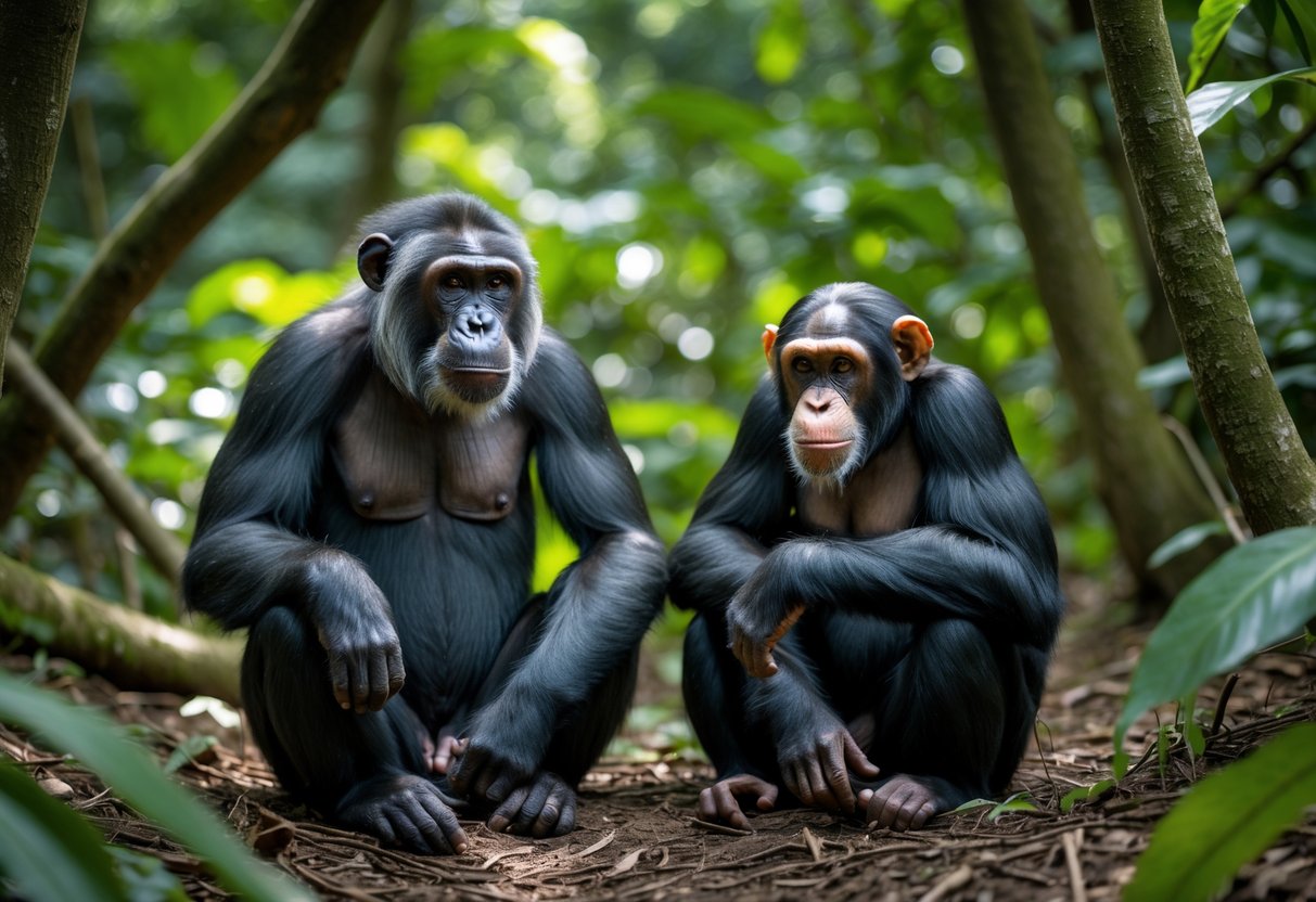 A bonobo and a chimpanzee sitting close together on the forest floor surrounded by green tropical vegetation.