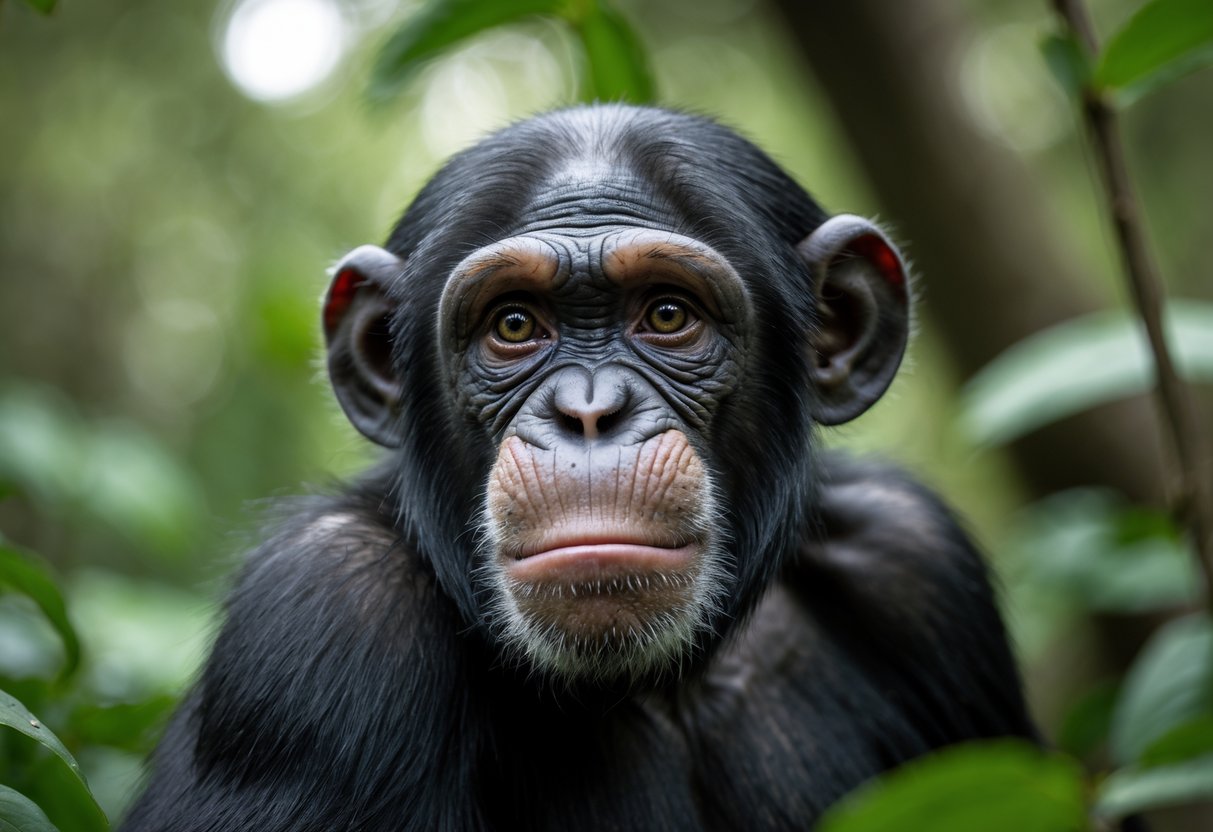Close-up of a chimpanzee in a forest showing a mildly agitated expression.