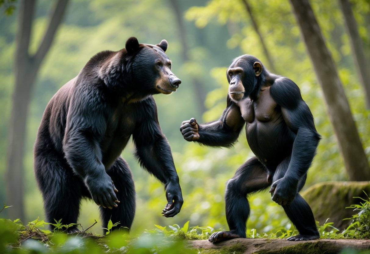 A black bear and a chimpanzee facing each other in a forest.