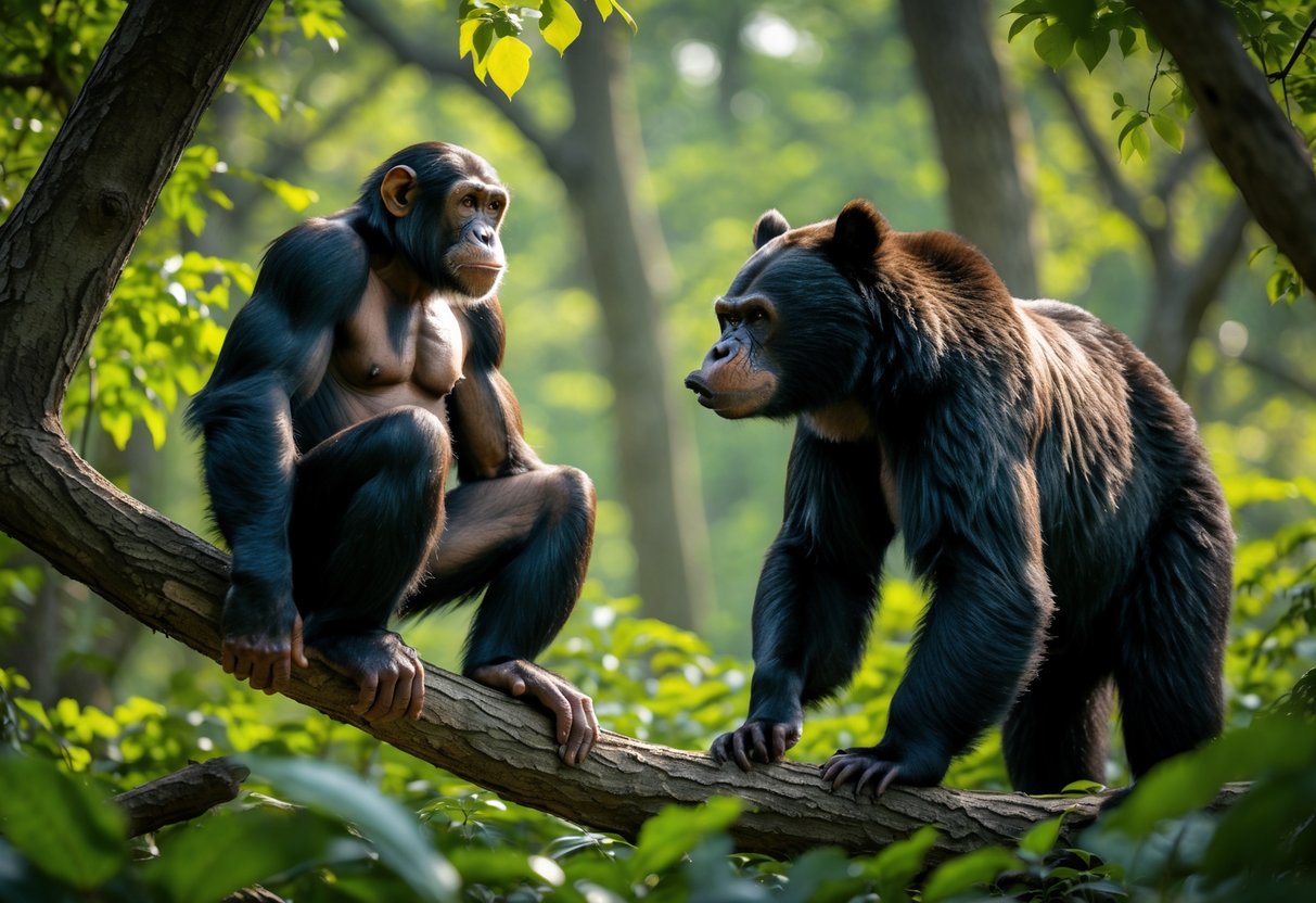 A chimpanzee sitting on a tree branch faces a black bear standing on the forest floor in a dense green forest.