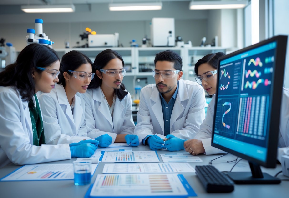 Scientists in a laboratory discussing genetic research around a table with scientific equipment.