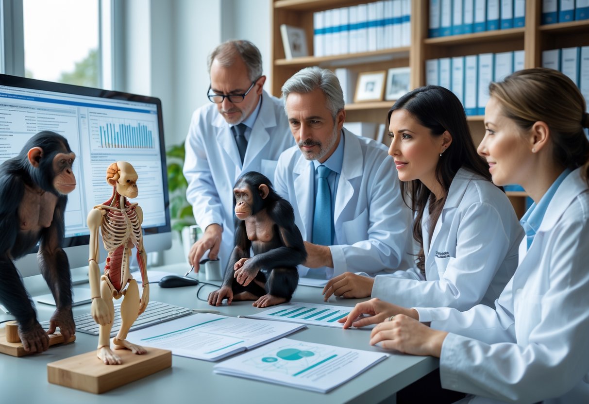 Scientists in a laboratory examining DNA data and anatomical models of a chimpanzee and a human during research.