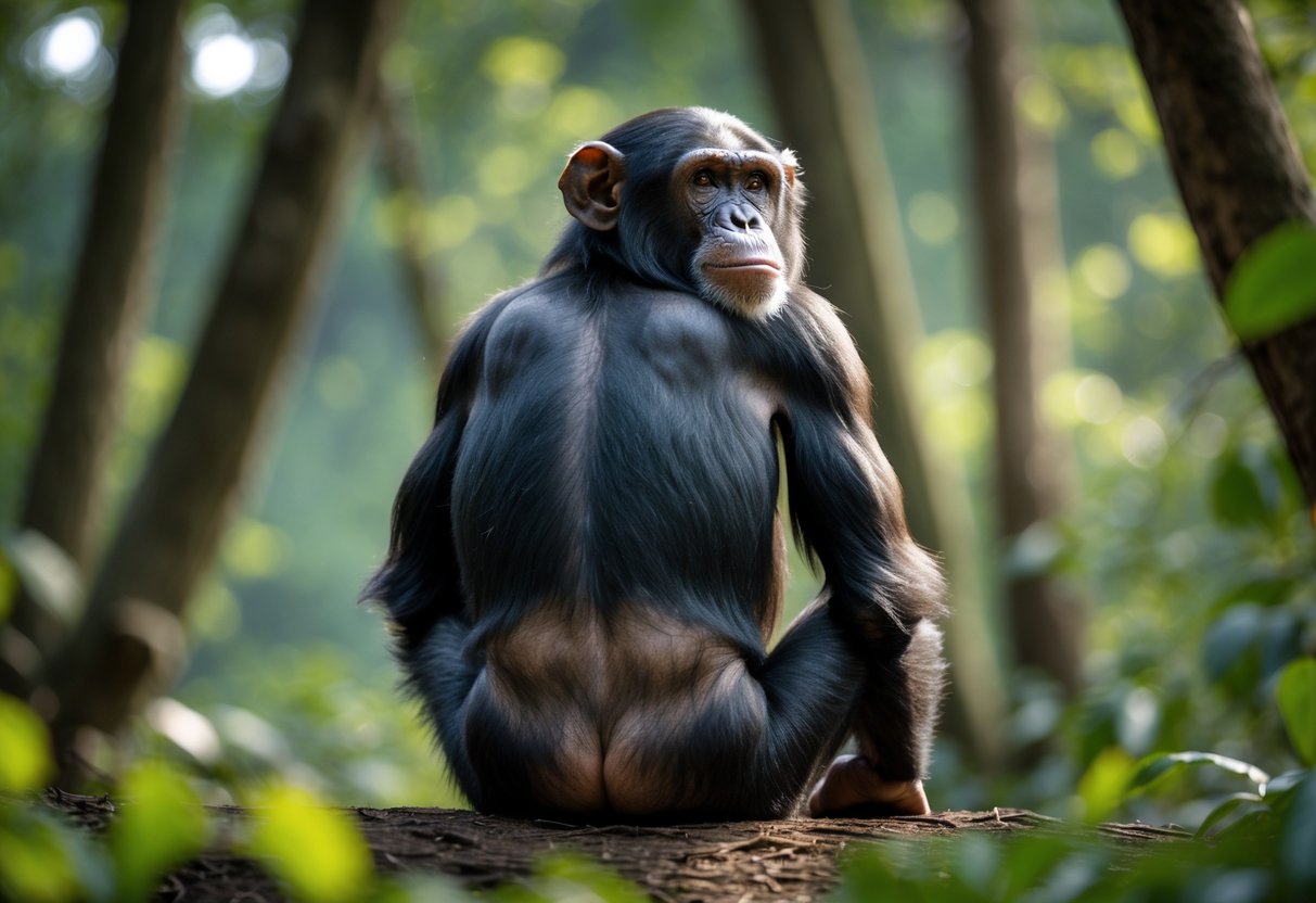 A female chimpanzee sitting in a forest, showing its large rounded buttocks.