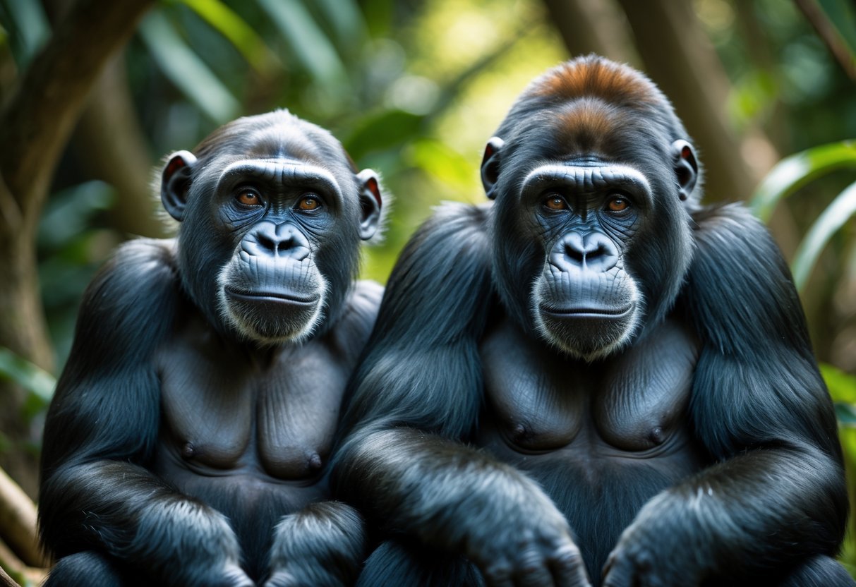 A gorilla and a chimpanzee sitting side by side in a jungle setting.