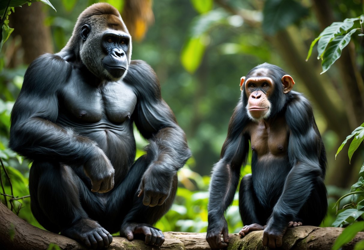 A gorilla and a chimpanzee facing each other in a green jungle setting.