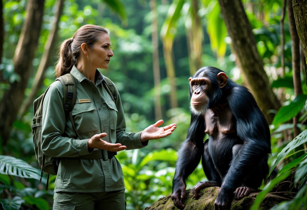 A person in outdoor clothing calmly facing a chimpanzee in a green jungle setting.