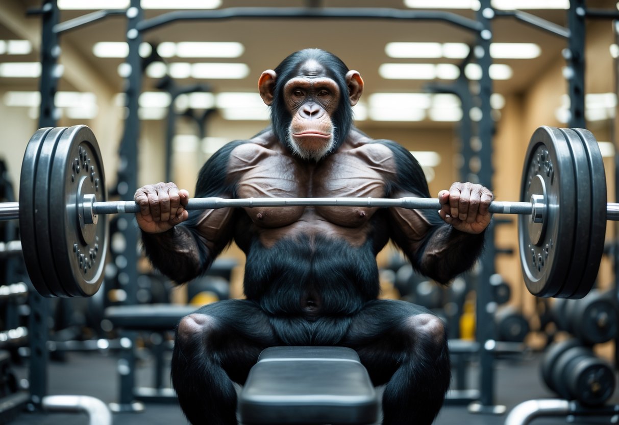 A chimpanzee sitting on a bench press bench holding a loaded barbell in a gym setting.