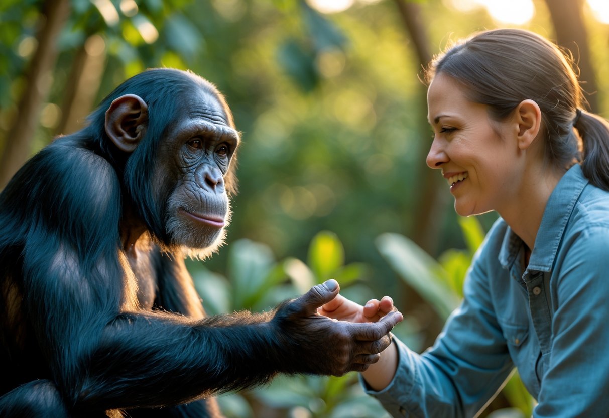 A chimpanzee and a human gently reaching out to each other in a forest setting.