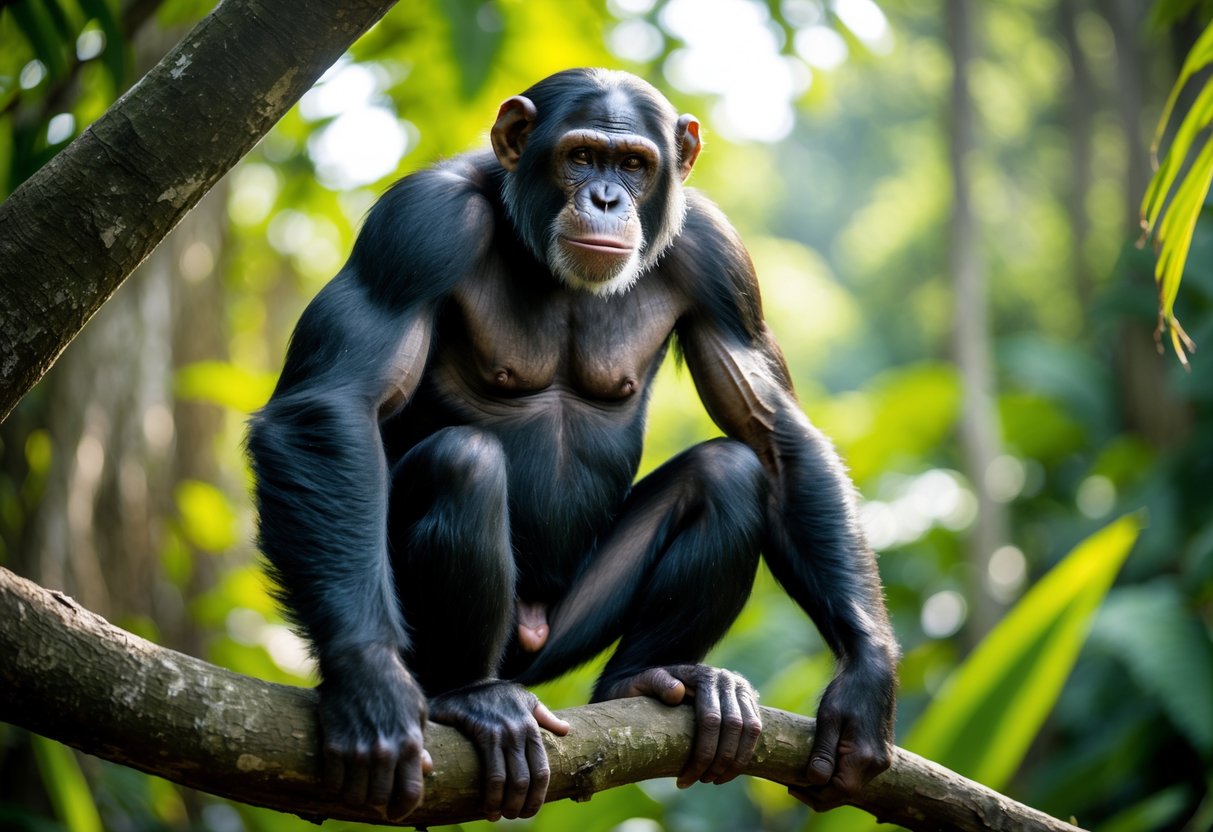 A strong adult chimpanzee sitting on a tree branch in a dense jungle with sunlight filtering through the leaves.
