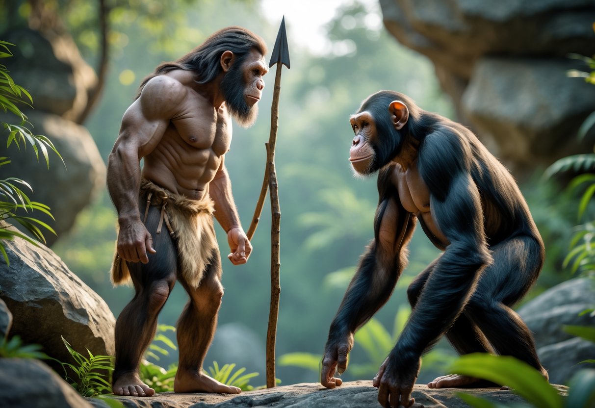 A Neanderthal and a chimpanzee facing each other in a forest setting.