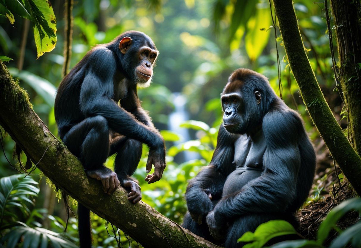 A chimpanzee sitting on a tree branch looking at a gorilla sitting on the forest floor in a dense rainforest.