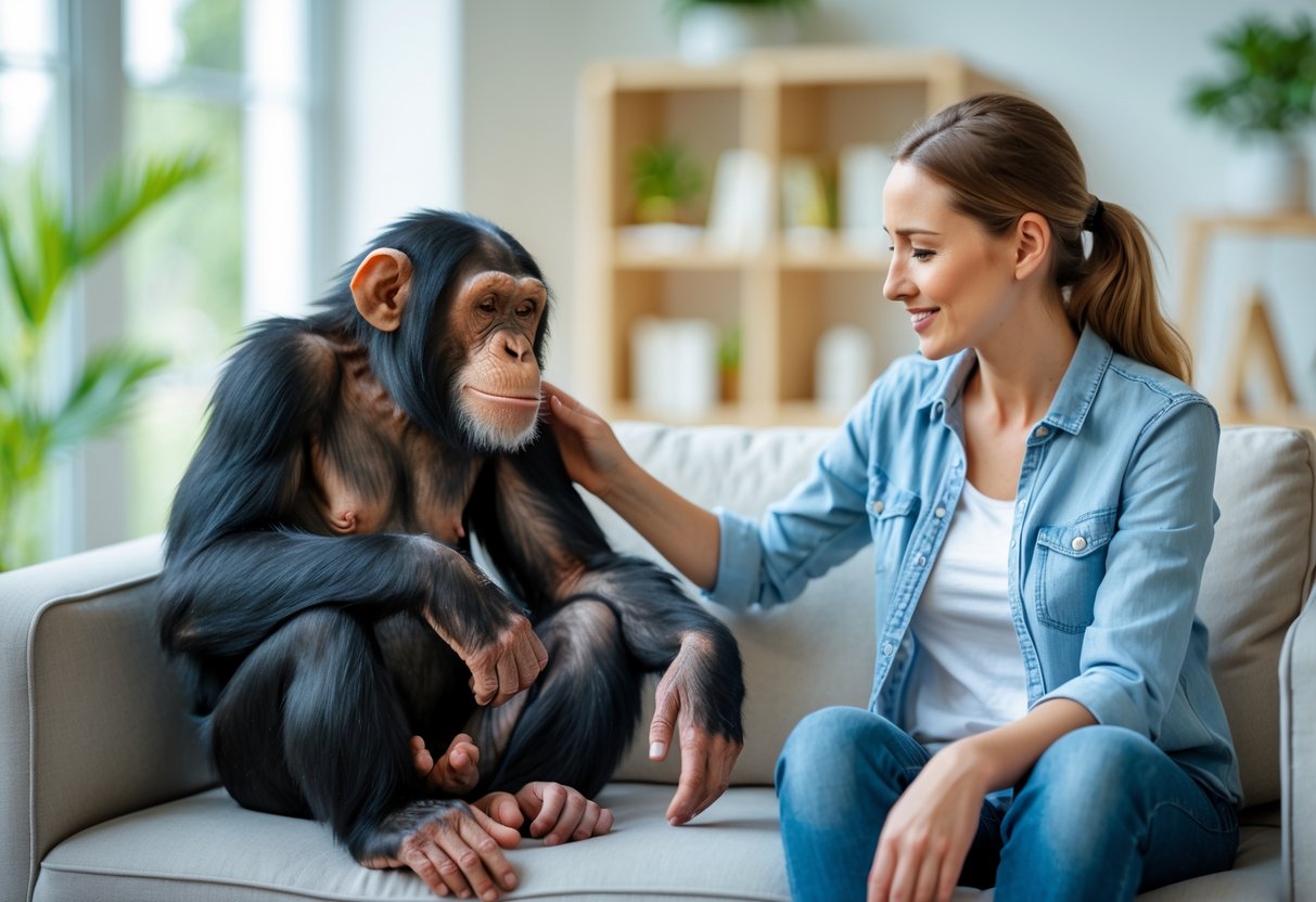 A person gently interacting with a calm chimpanzee sitting in a bright living room.