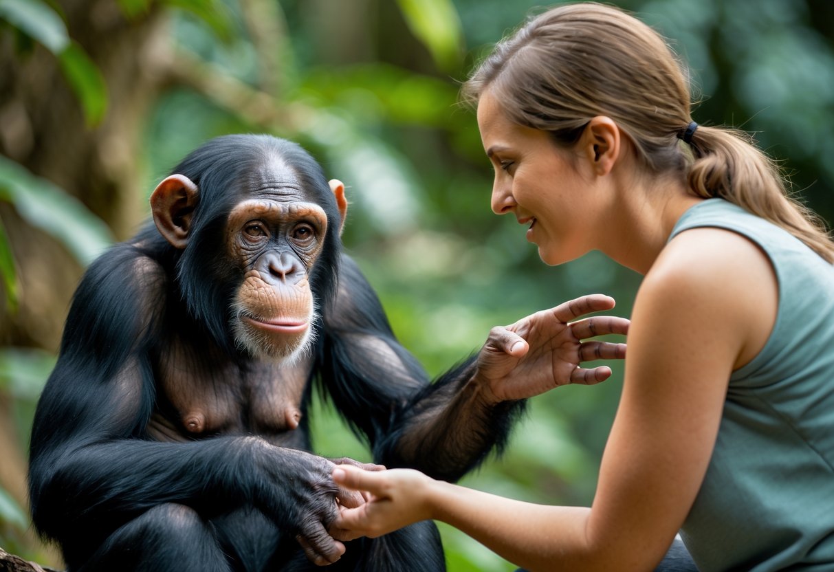 A chimpanzee and a human peacefully interacting outdoors with calm expressions and green foliage in the background.