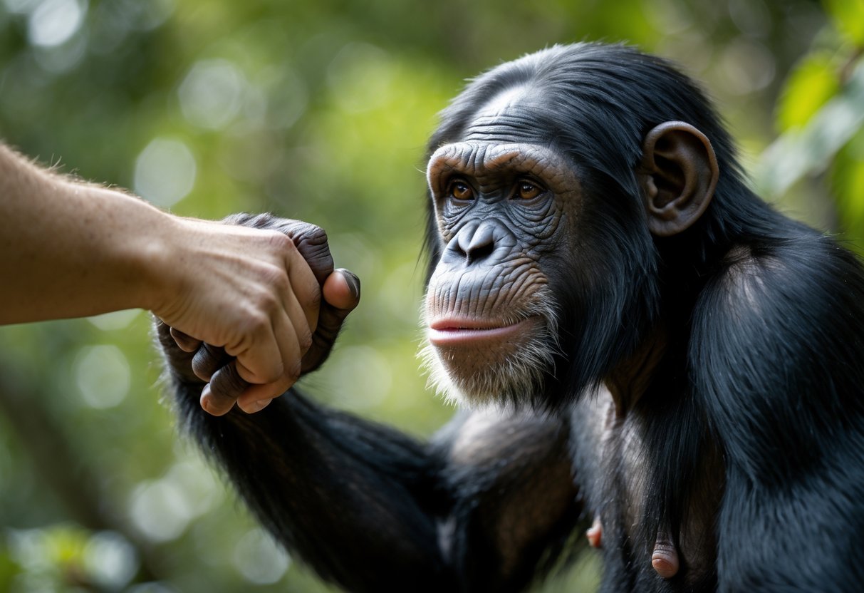 A chimpanzee reaching toward a person's arm in a natural outdoor setting.
