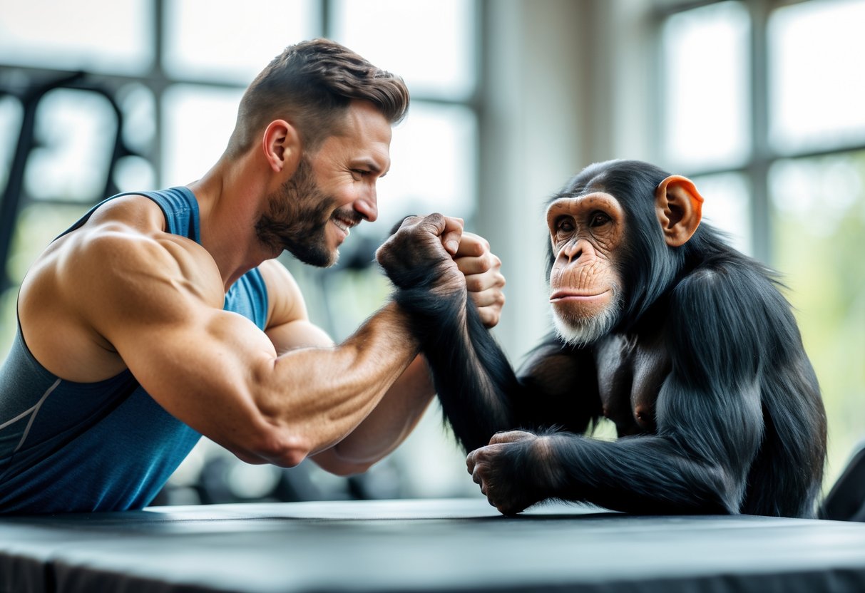 A fit man and a chimpanzee arm wrestling at a table in a gym.