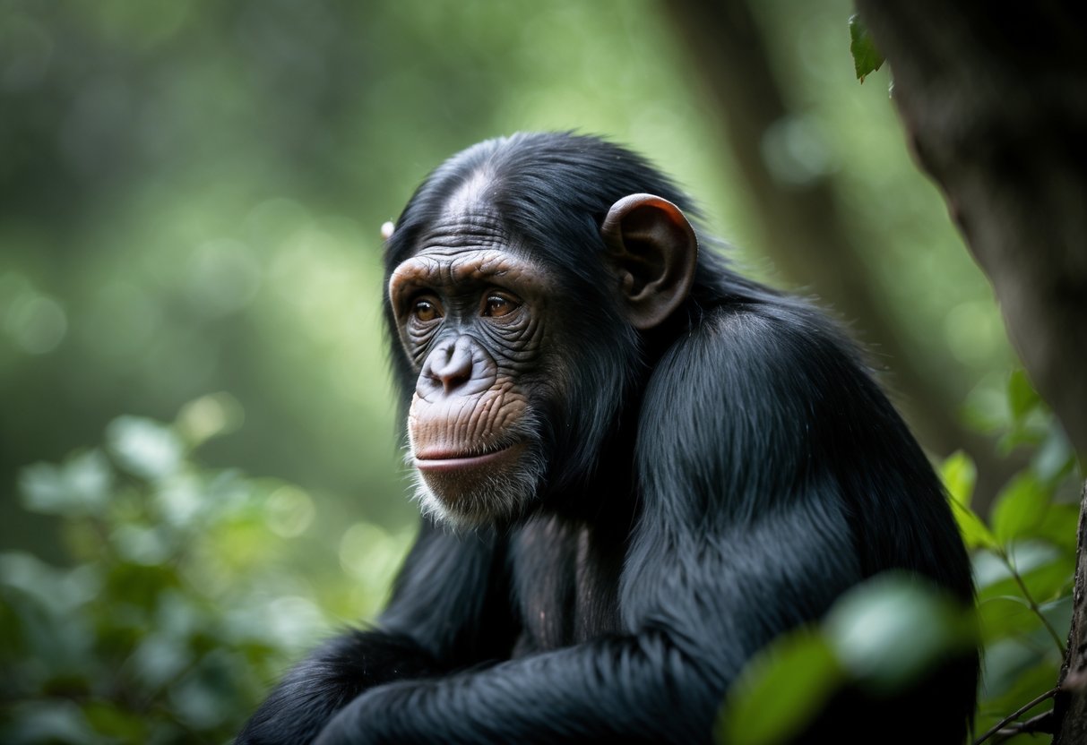 Close-up of a chimpanzee with a sad expression and teary eyes in a forest setting.