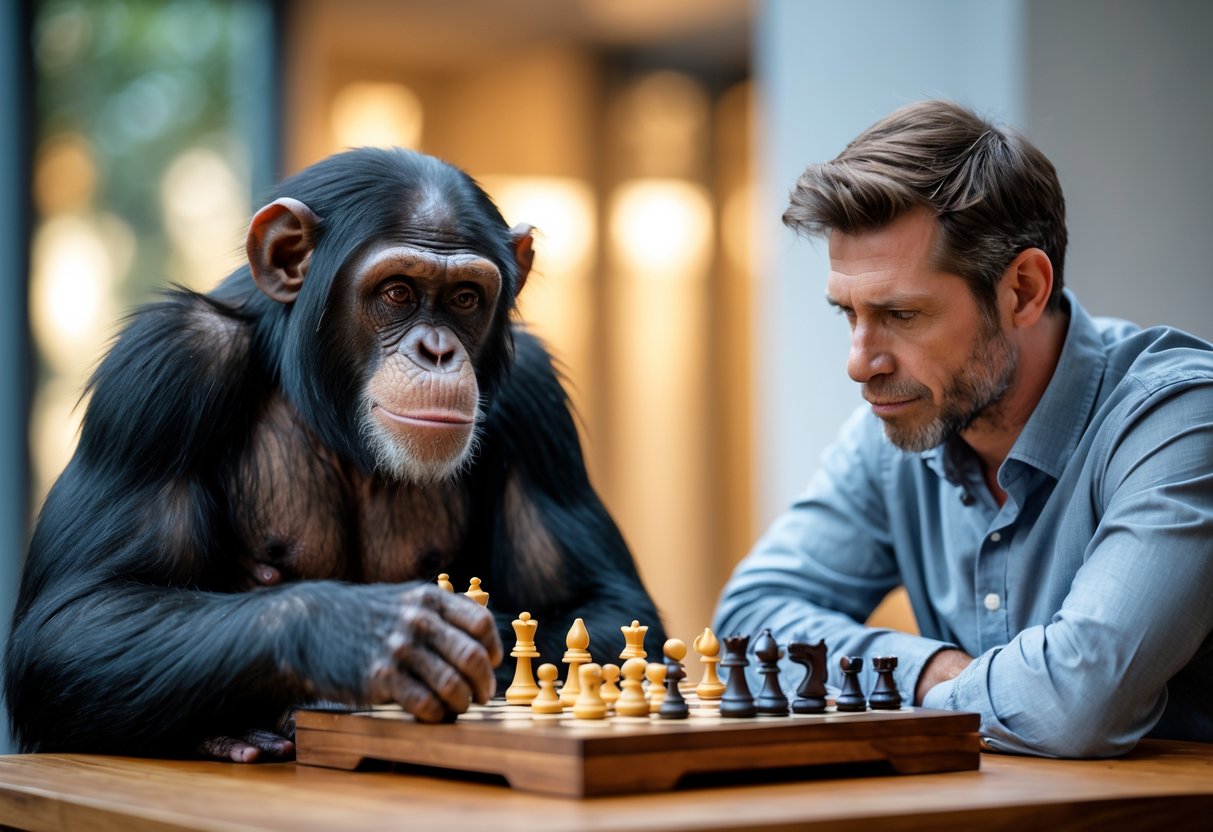 A chimpanzee and a human sitting across from each other at a table, both focused on a chessboard between them.