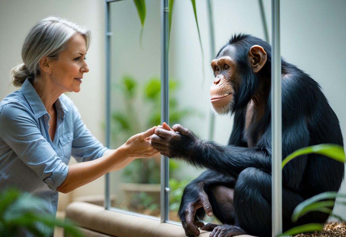 A woman gently reaching out to a chimpanzee sitting calmly behind a glass barrier inside an enclosure.