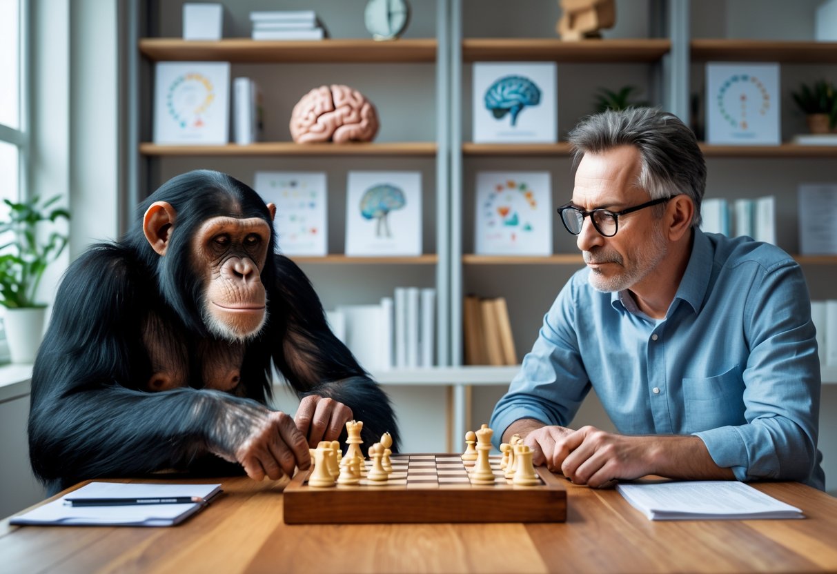 A chimpanzee and a human sitting at a table playing a strategic game together in a study room filled with books and scientific models.