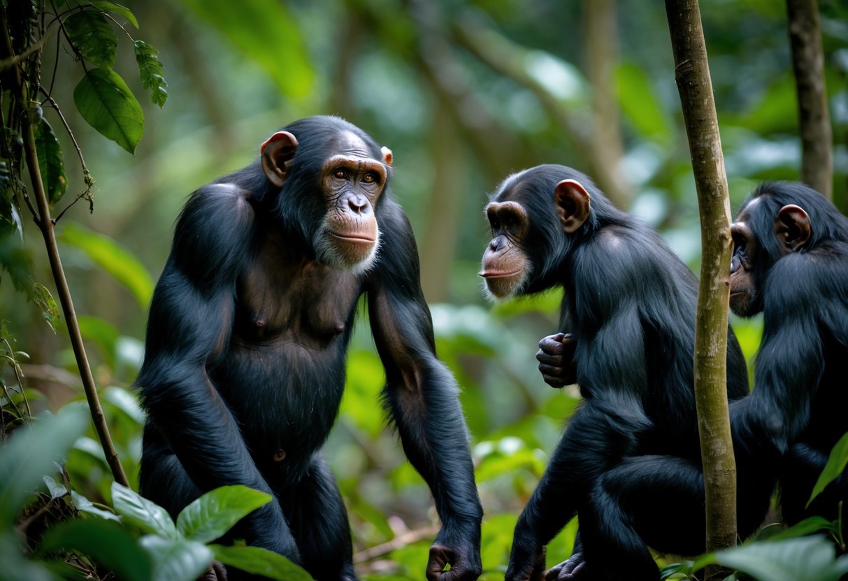 A male chimpanzee displaying dominant behavior towards a female chimpanzee in a jungle setting.