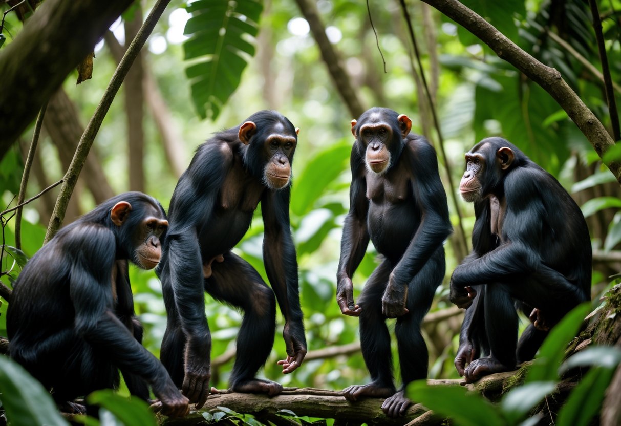 Male chimpanzee standing assertively near a submissive female chimpanzee in a dense forest, with other chimpanzees observing nearby.