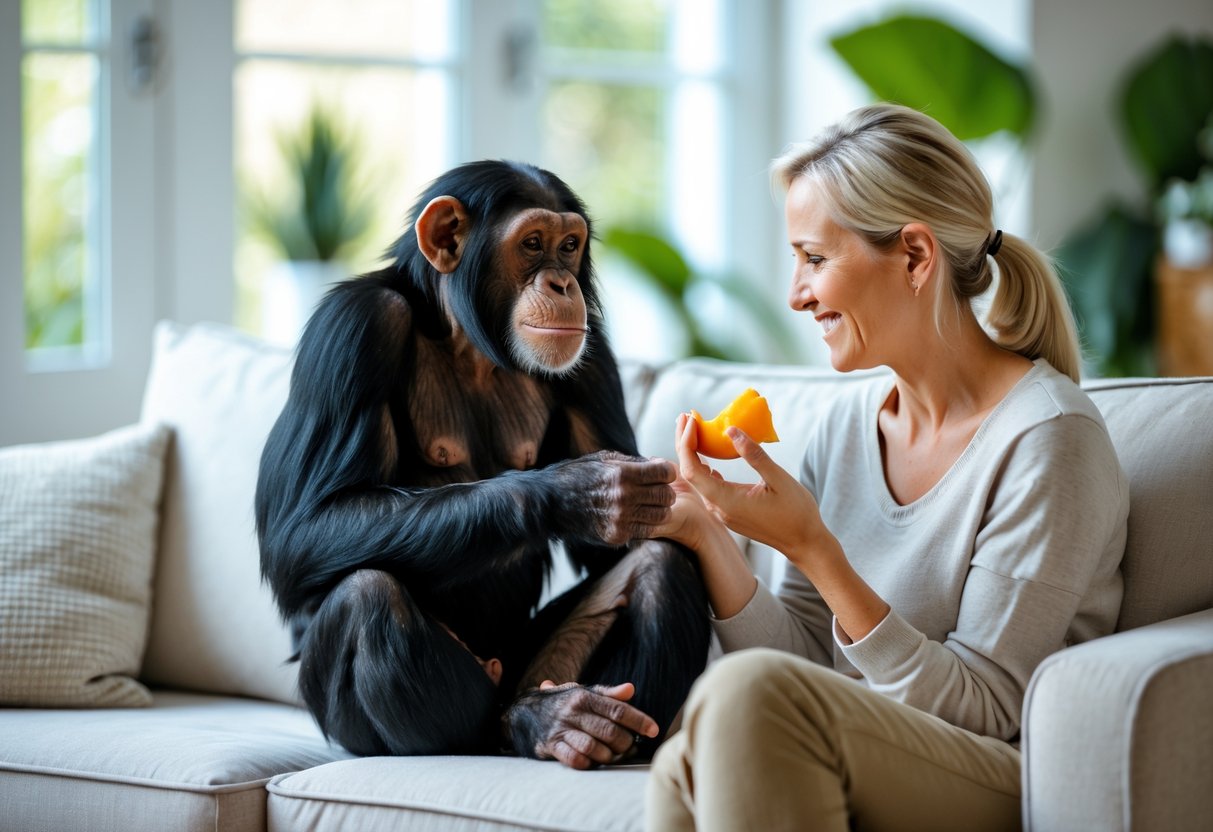 A chimpanzee sitting on a sofa in a living room while a person offers it a piece of fruit.