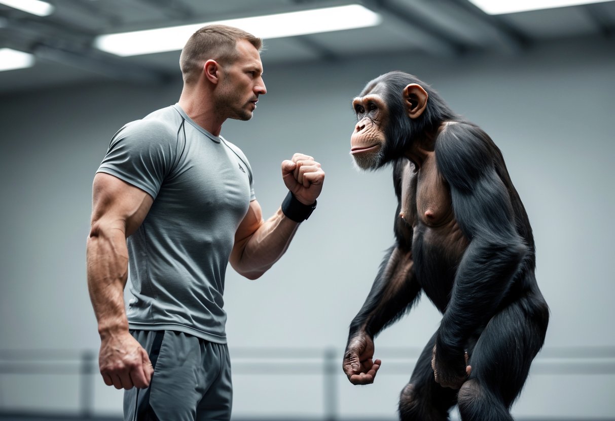 A man and a chimpanzee face each other in a training room, both standing and looking alert.