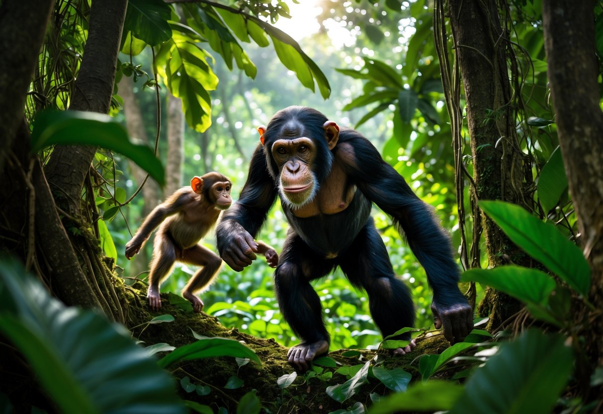 A chimpanzee chasing a smaller monkey through a dense forest.