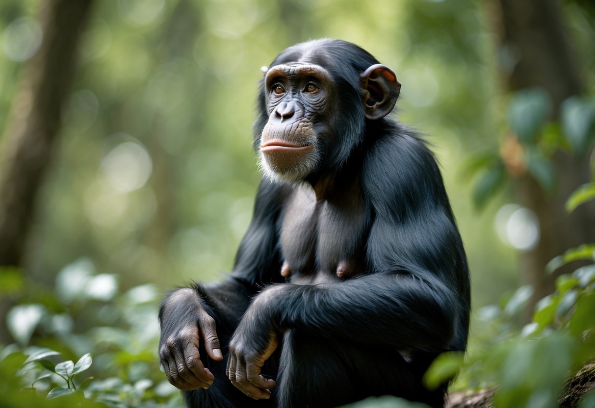 A chimpanzee sitting thoughtfully in a forest, looking upward with a curious expression.