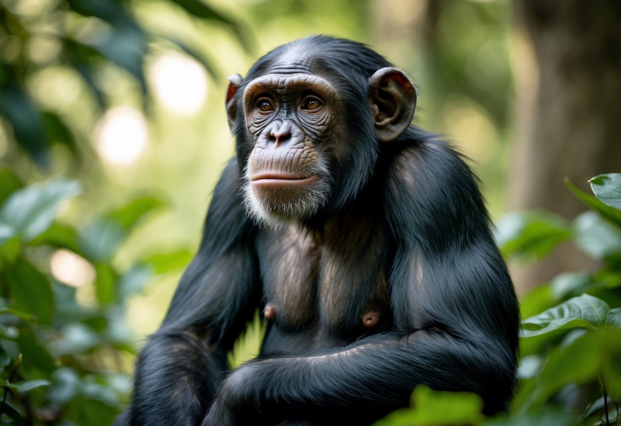 A chimpanzee sitting thoughtfully outdoors among green plants, looking upwards with an expressive face.