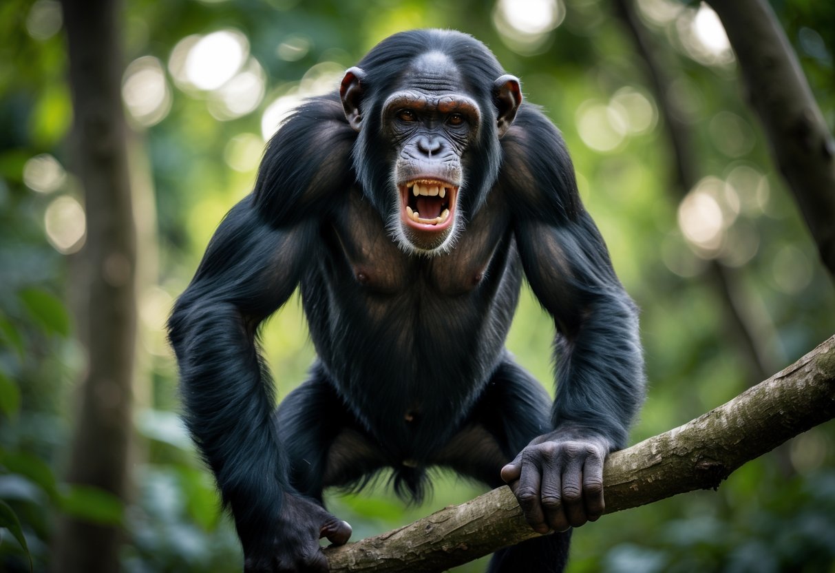 A chimpanzee in a forest showing aggressive behavior by baring its teeth and standing on a tree branch.