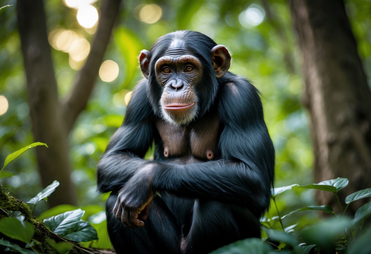 A chimpanzee sitting in a forest looking thoughtfully at the camera.