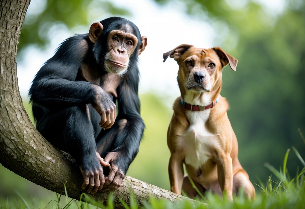 A chimpanzee and a dog sitting side by side outdoors, both looking attentively ahead.