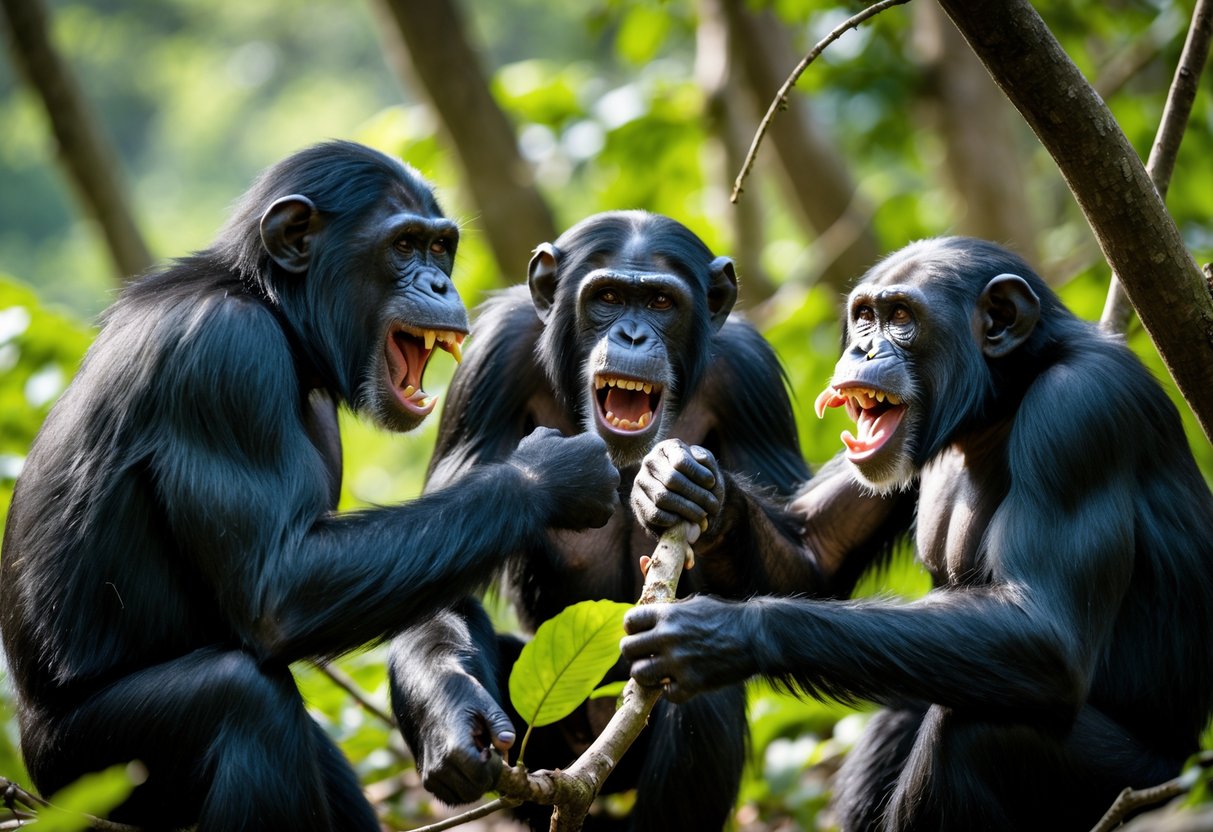A group of chimpanzees in a forest showing aggressive and dominant behaviors towards each other.