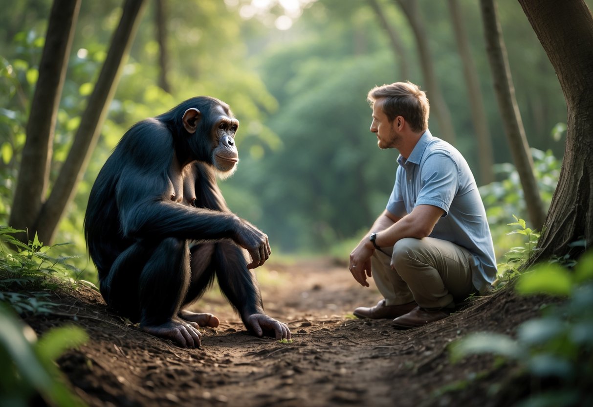 A chimpanzee and a human sitting opposite each other in a forest clearing, looking at each other thoughtfully.