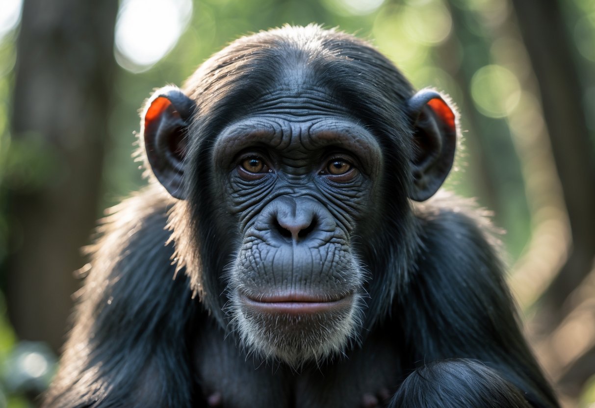 Close-up of a chimpanzee with teary eyes sitting quietly in a forest.
