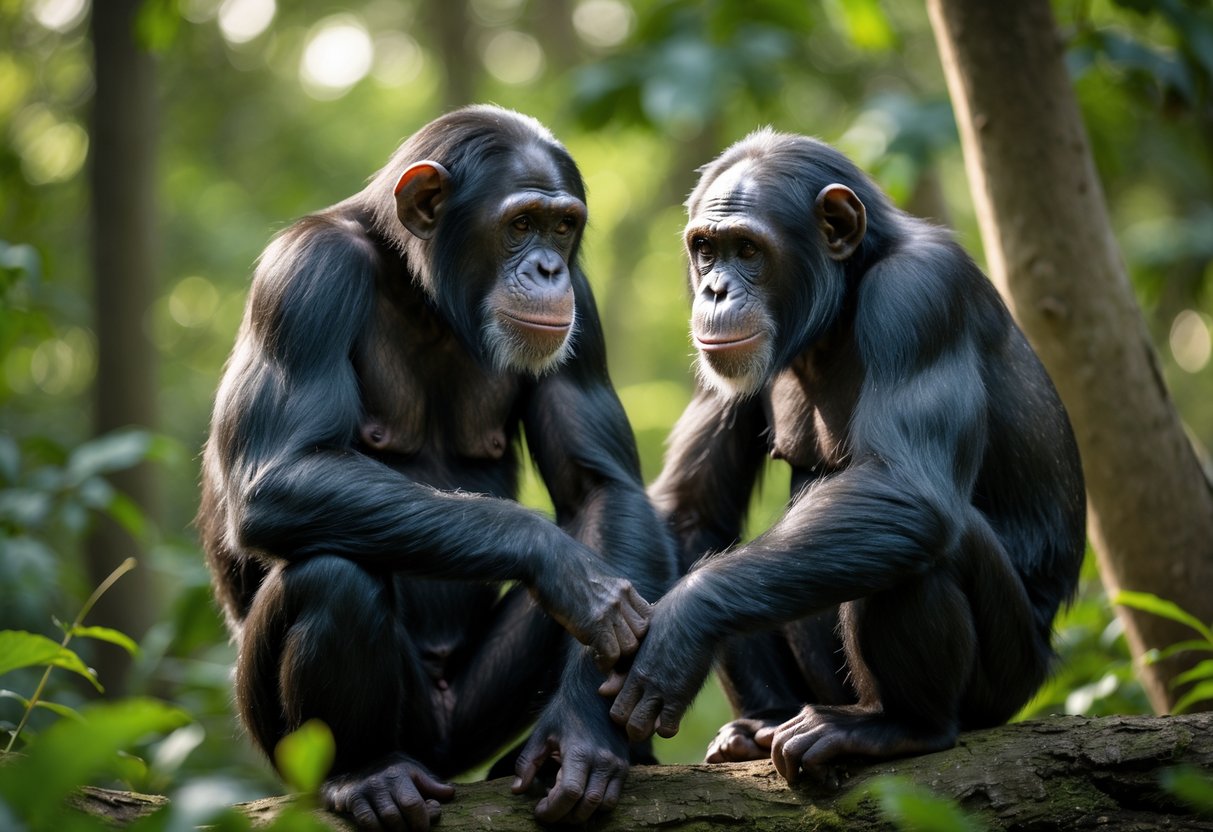 Two chimpanzees in a forest, one looking away with a stern expression while the other reaches out, showing tension between them.
