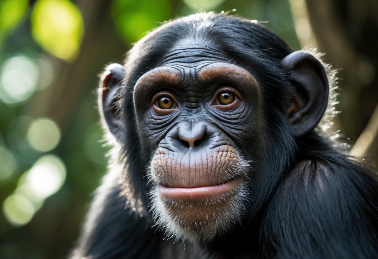 Close-up of a chimpanzee smiling gently while looking at the camera in a green jungle setting.