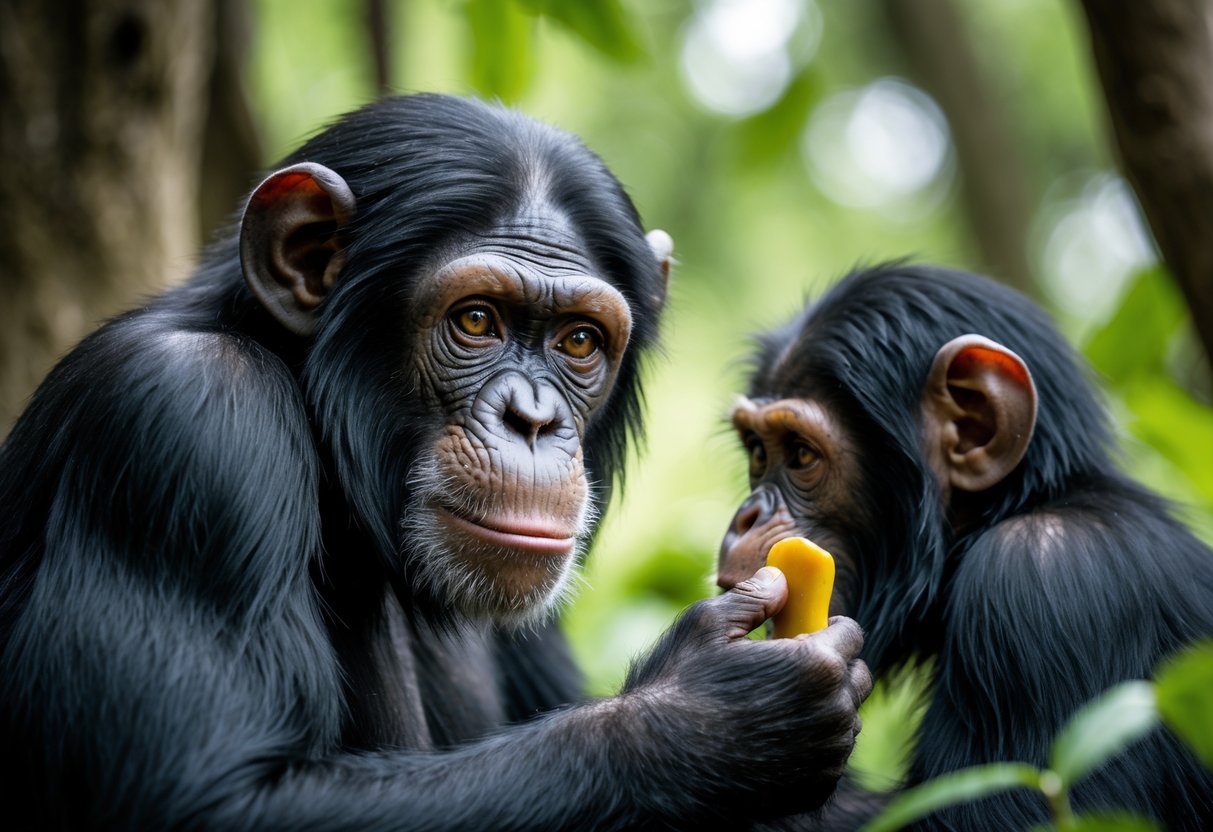 Two chimpanzees in a forest, one looking intently at the other who is receiving attention.