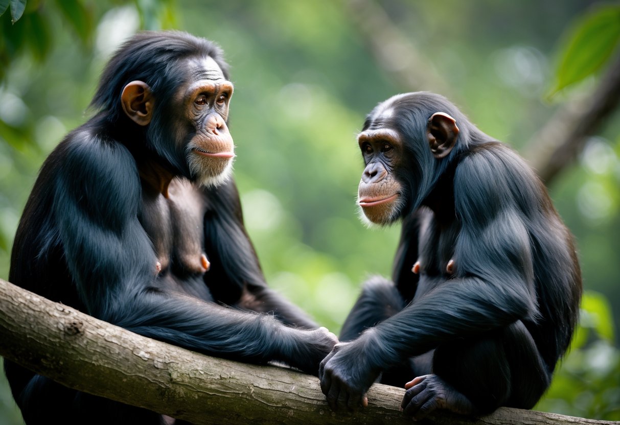 A person making gentle eye contact with a chimpanzee sitting on a tree branch in a green outdoor setting.
