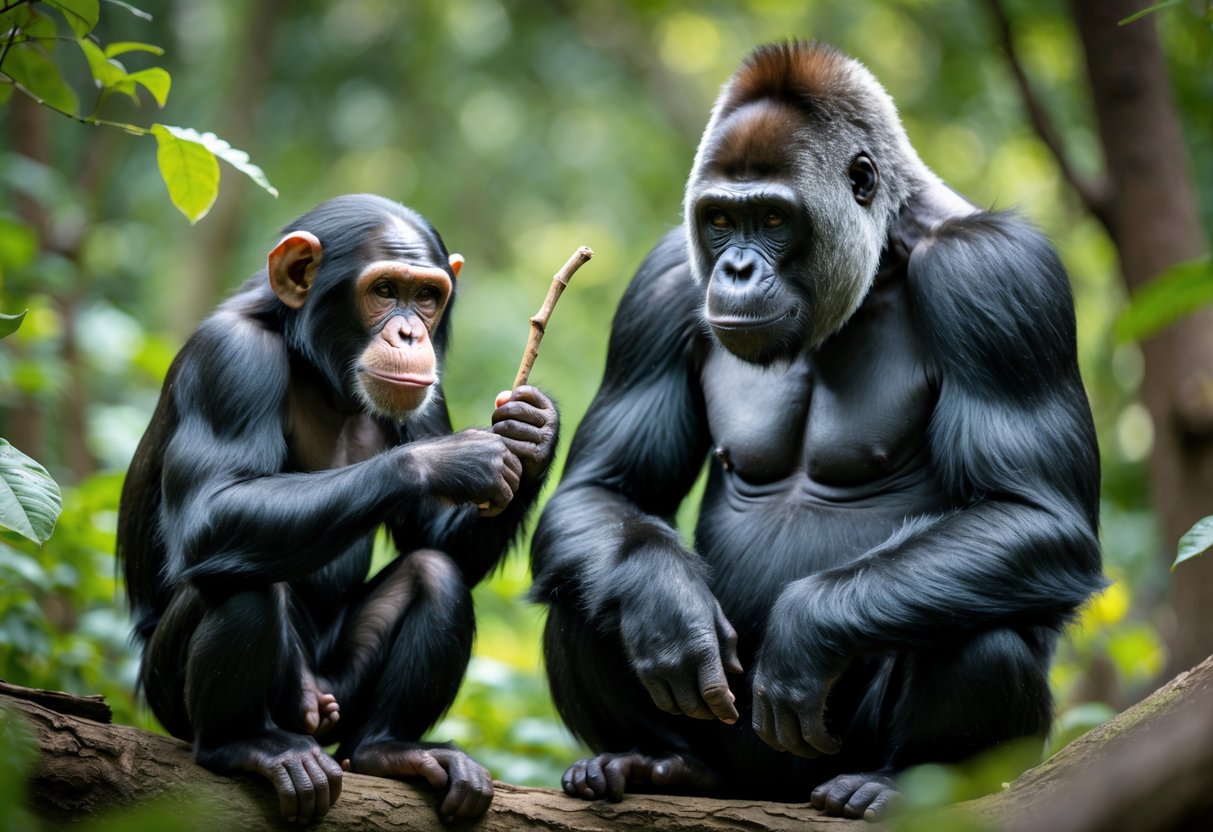 A chimpanzee and a gorilla sitting side by side in a forest, with the chimpanzee holding a small stick and the gorilla watching attentively.
