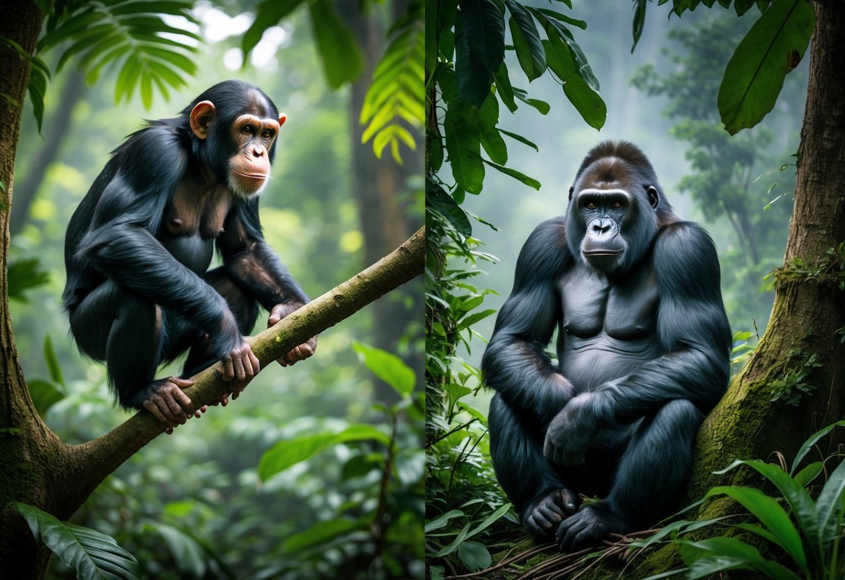 A chimpanzee in a dense tropical forest and a gorilla in a misty mountainous forest side by side, each in their natural habitats.